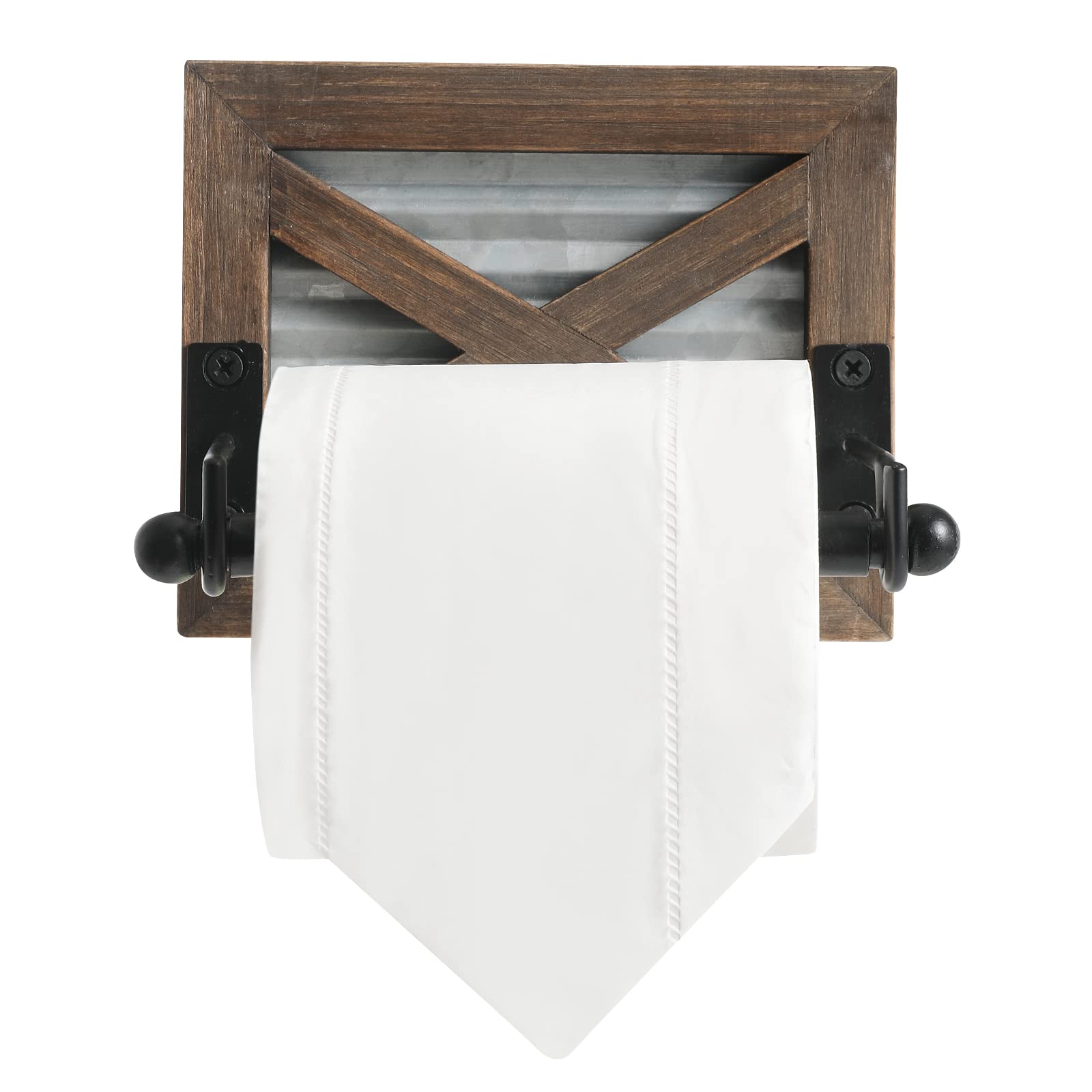 Farmhouse Toilet Paper Holder With Galvanized Metal& Black Metal - Rustic Warm Brown Wood Wall Mount Toilet Roll Holder For Bath